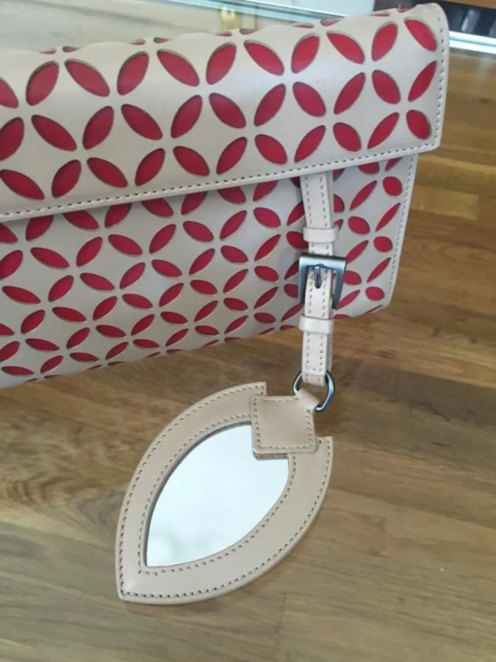 ALAIA Leather Laser Cut Clutch Bag Beige Red Floral New